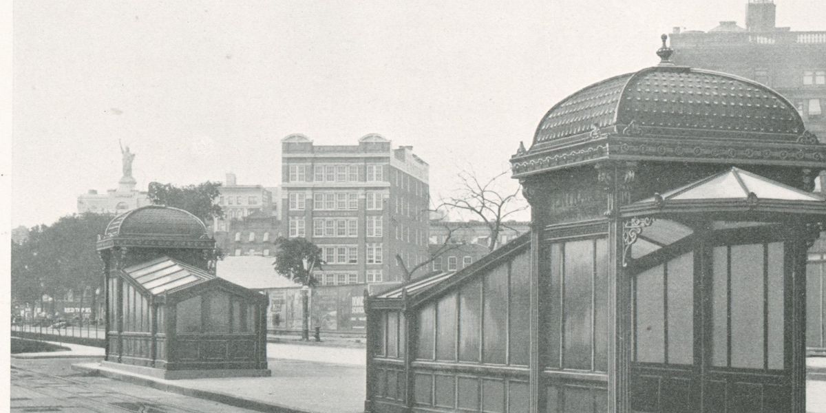 Subway entrance kiosks at Columbus Circle, from the Interborough Rapid Transit Company's 1904 book on the new subway