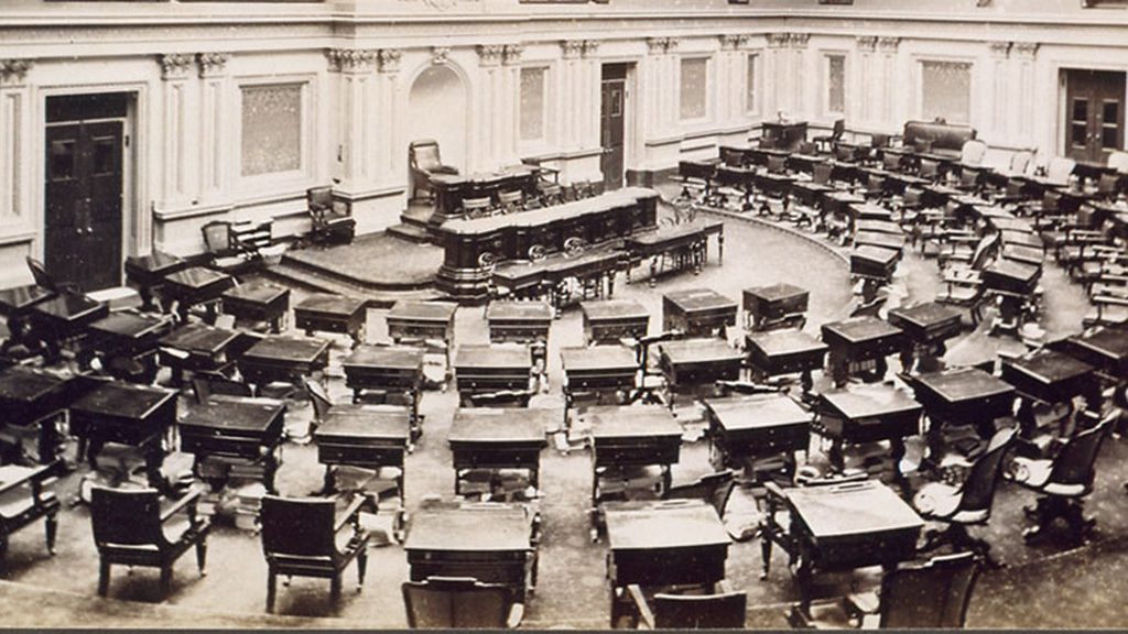 Desks on the floor of the United States Senate chamber